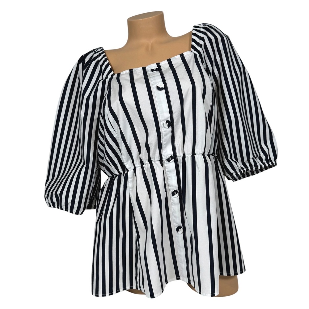Lane Bryant Womens 14 Striped Peplum Top Black White Square Neck Puff Sleeve